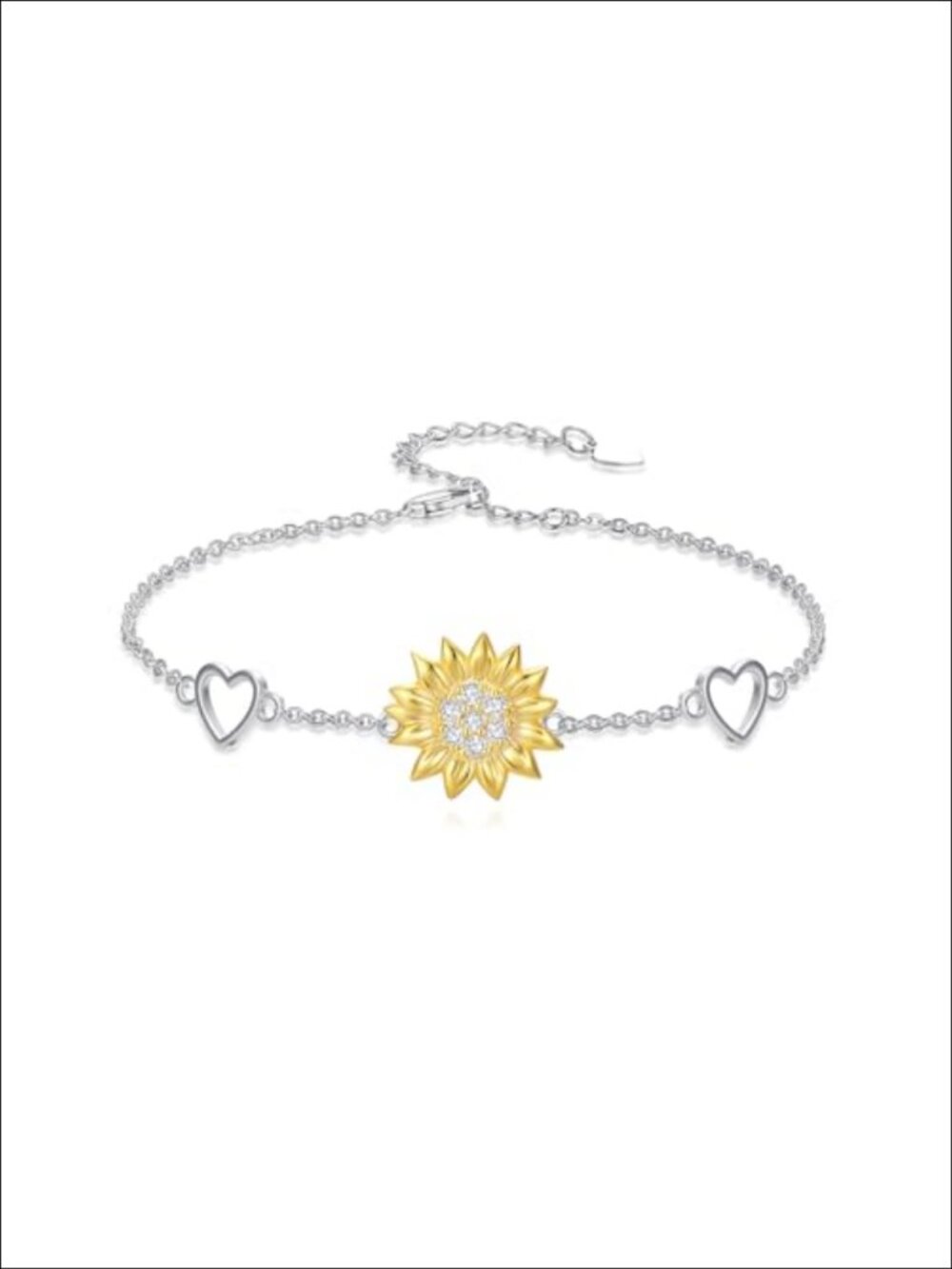 925 Sterling Silver Sunflower Bracelet Adjustable Heart Chain 18K Gold-Plated